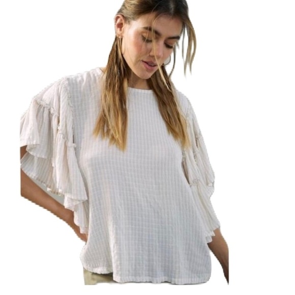 ❗️nwot❗️CHELSEA & THEODORE • Striped Ruffle Flutter Sleeve Seersucker Blouse • M - Picture 4 of 10